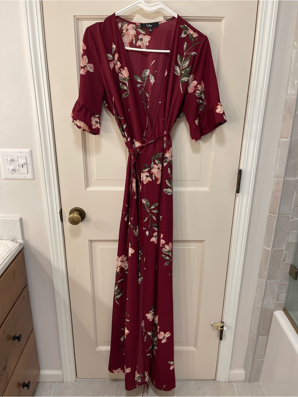 Lulu's Burgundy Floral Wrap Maxi with Tie Waist